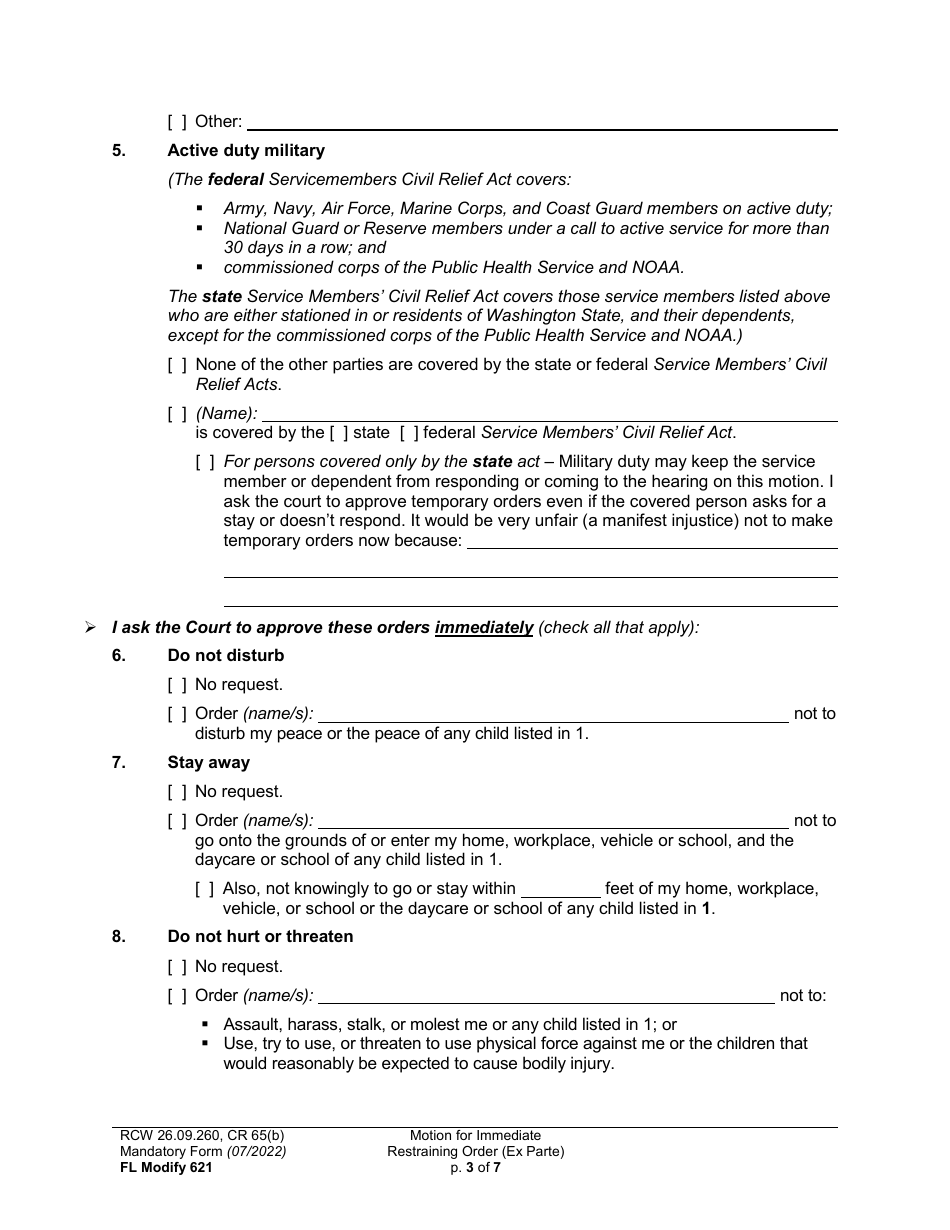 Form FL Modify621 Motion for Immediate Restraining Order (Ex Parte) - Washington, Page 3