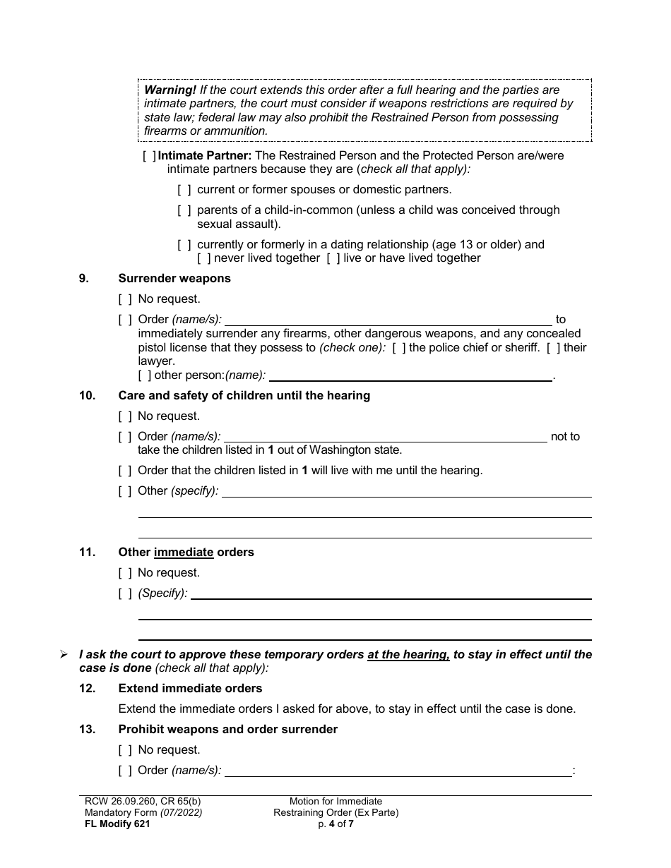 Form FL Modify621 Motion for Immediate Restraining Order (Ex Parte) - Washington, Page 4