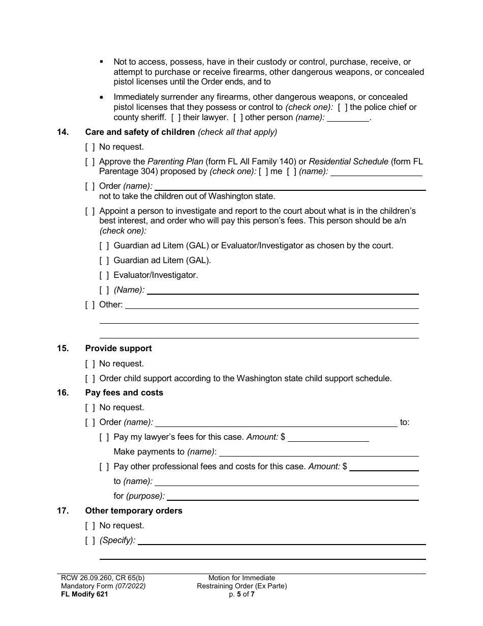 Form FL Modify621 Motion for Immediate Restraining Order (Ex Parte) - Washington, Page 5