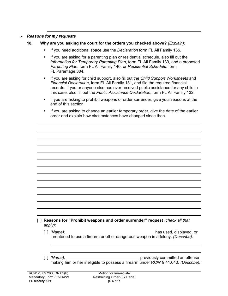 Form FL Modify621 Motion for Immediate Restraining Order (Ex Parte) - Washington, Page 6