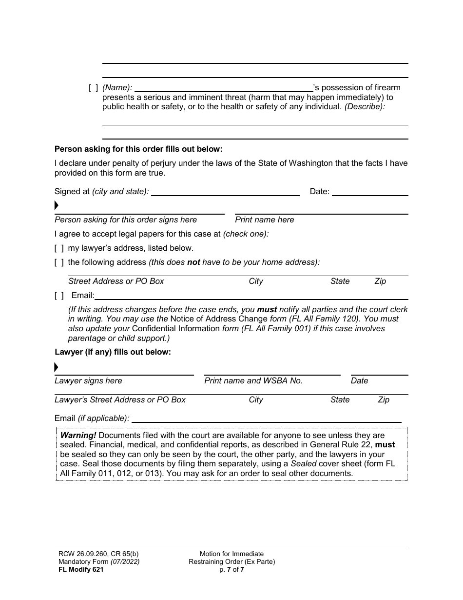 Form FL Modify621 Motion for Immediate Restraining Order (Ex Parte) - Washington, Page 7