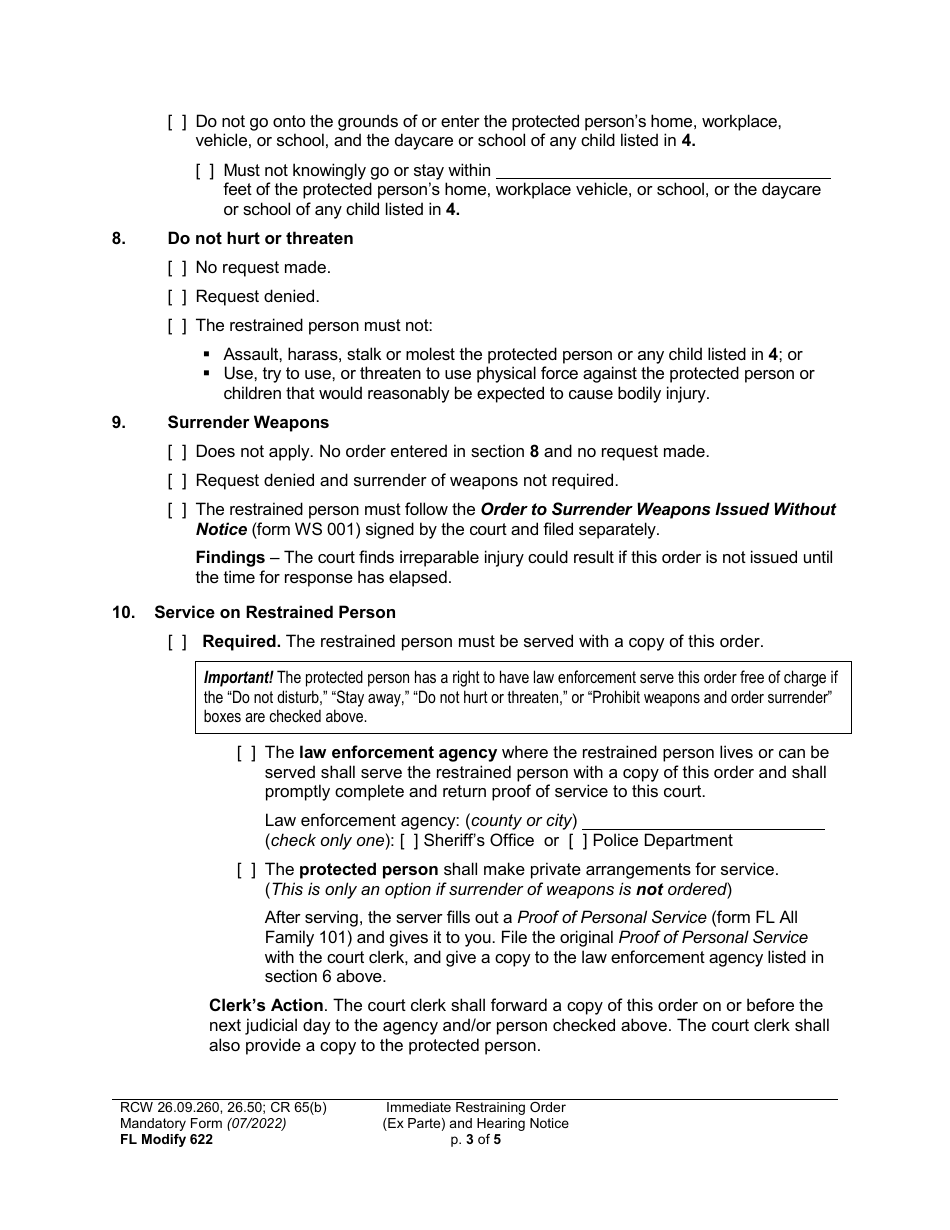 Form FL Modify622 Immediate Restraining Order (Ex Parte) and Hearing Notice - Washington, Page 3