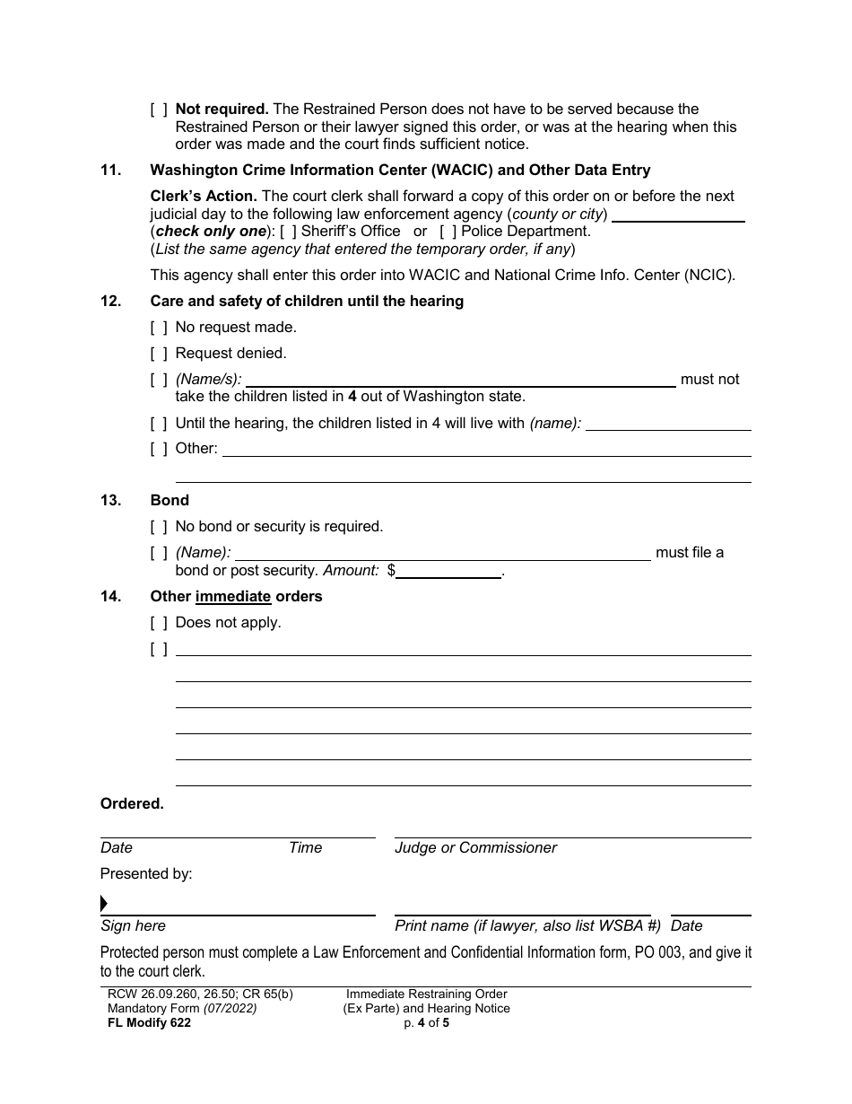 Form FL Modify622 Immediate Restraining Order (Ex Parte) and Hearing Notice - Washington, Page 4