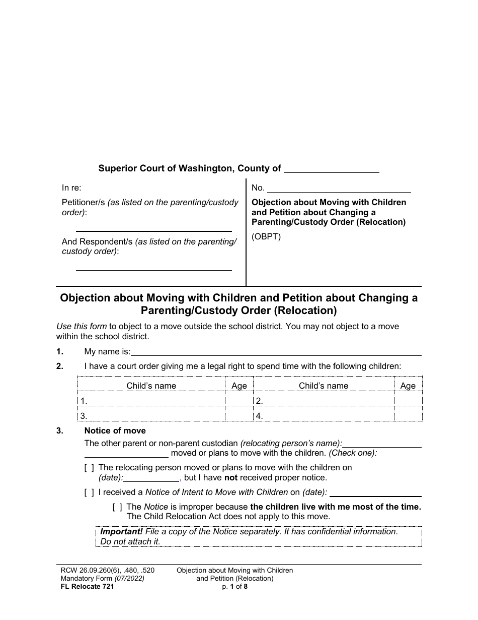 Form FL Relocate721 Objection About Moving With Children and Petition About Changing a Parenting / Custody Order (Relocation) - Washington, Page 1