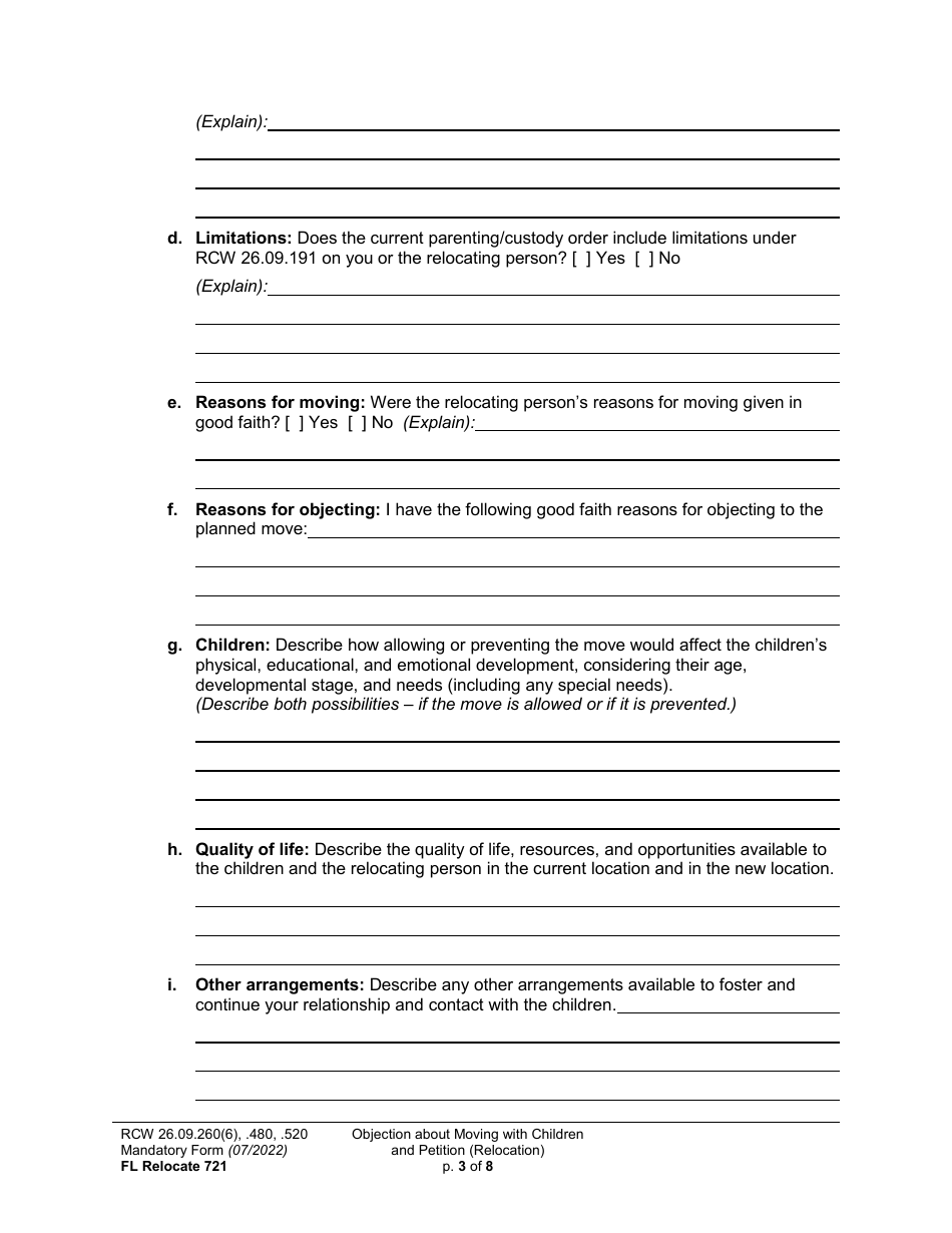 Form FL Relocate721 Objection About Moving With Children and Petition About Changing a Parenting / Custody Order (Relocation) - Washington, Page 3