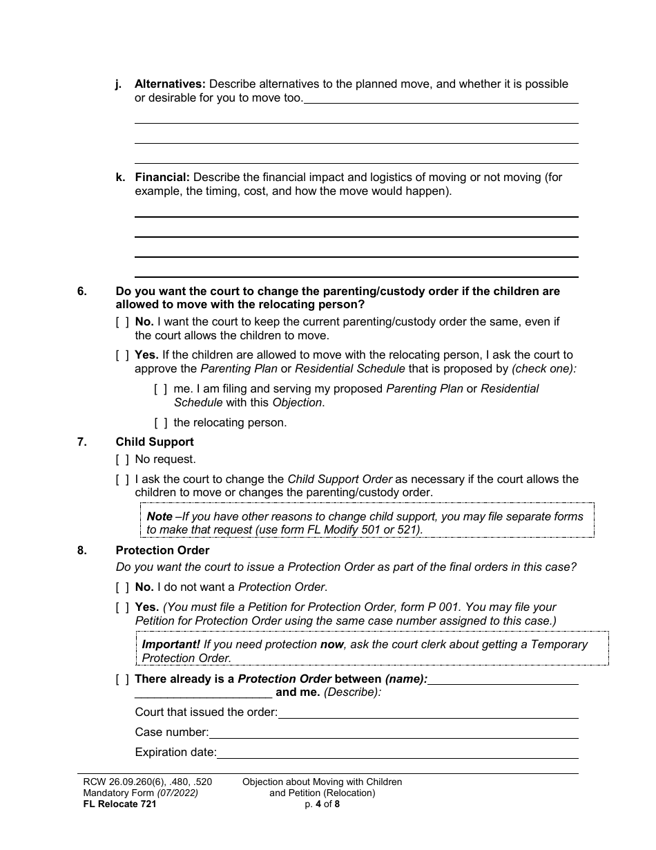 Form FL Relocate721 Objection About Moving With Children and Petition About Changing a Parenting / Custody Order (Relocation) - Washington, Page 4
