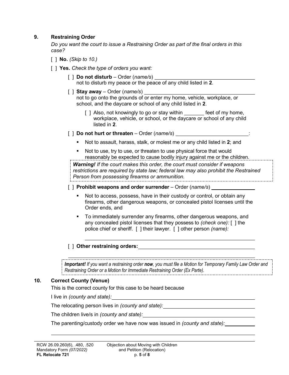 Form FL Relocate721 Objection About Moving With Children and Petition About Changing a Parenting / Custody Order (Relocation) - Washington, Page 5