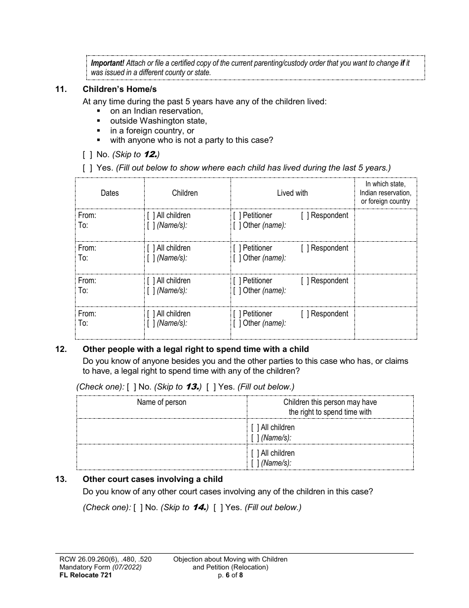Form FL Relocate721 Objection About Moving With Children and Petition About Changing a Parenting / Custody Order (Relocation) - Washington, Page 6
