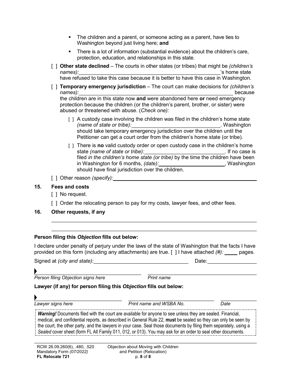 Form FL Relocate721 Download Printable PDF or Fill Online Objection ...