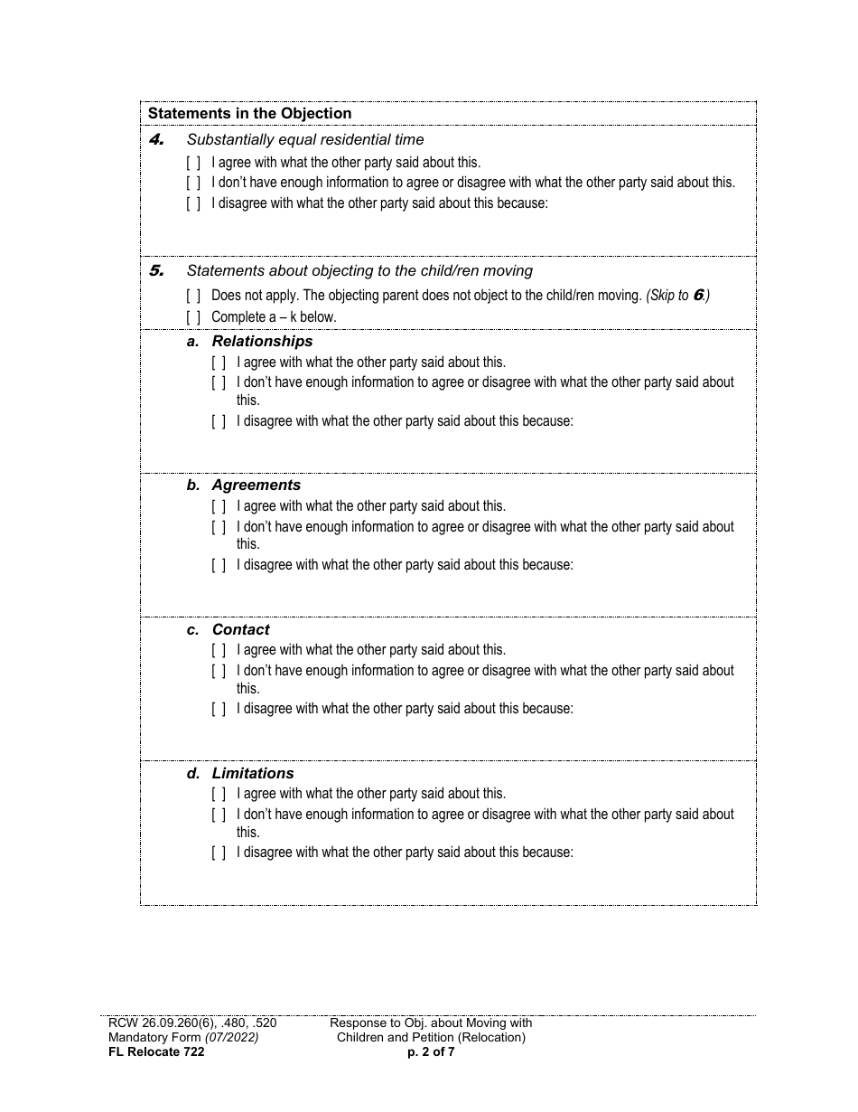 Form FL Relocate722 Response to Objection About Moving With Children and Petition About Changing a Parenting / Custody Order (Relocation) - Washington, Page 2