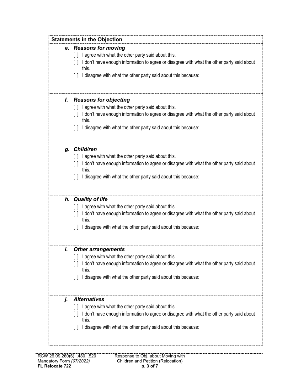 Form FL Relocate722 Response to Objection About Moving With Children and Petition About Changing a Parenting / Custody Order (Relocation) - Washington, Page 3