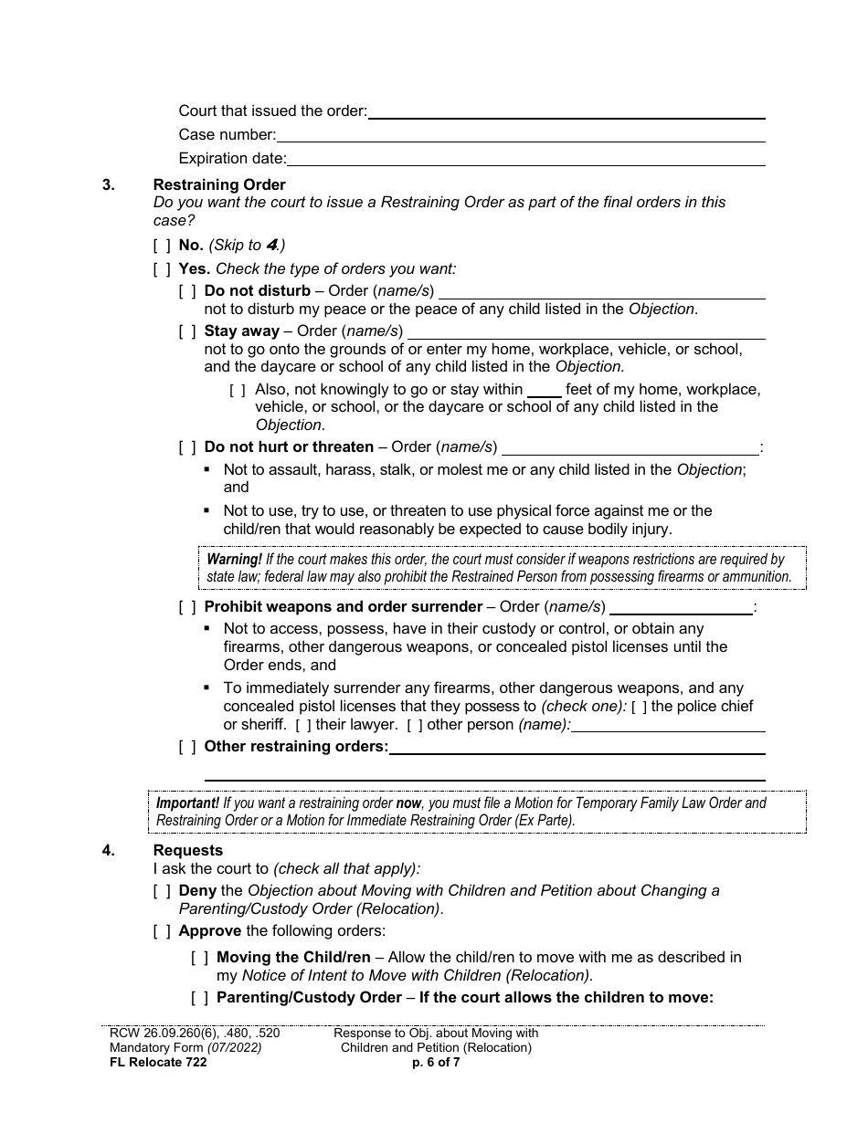 Form FL Relocate722 Response to Objection About Moving With Children and Petition About Changing a Parenting / Custody Order (Relocation) - Washington, Page 6