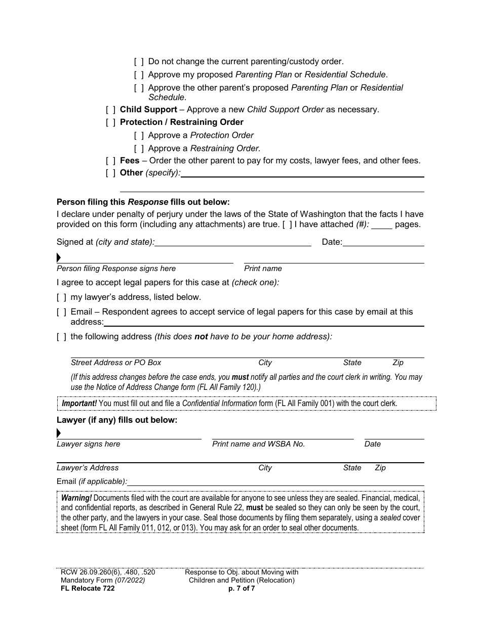 Form FL Relocate722 Response to Objection About Moving With Children and Petition About Changing a Parenting / Custody Order (Relocation) - Washington, Page 7
