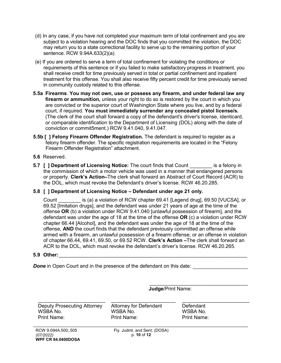 Form WPF CR84.0400DOSA Felony Judgment and Sentence - Drug Offender Sentencing Alternative - Washington, Page 10