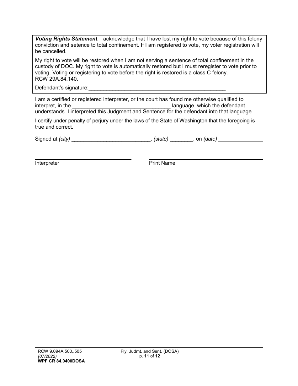 Form WPF CR84.0400DOSA Felony Judgment and Sentence - Drug Offender Sentencing Alternative - Washington, Page 11