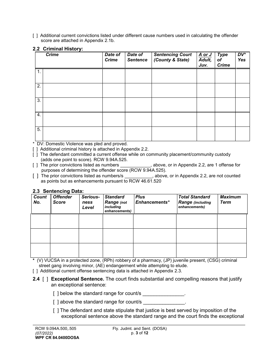 Form WPF CR84.0400DOSA Felony Judgment and Sentence - Drug Offender Sentencing Alternative - Washington, Page 3