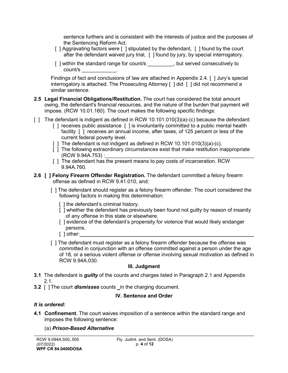 Form WPF CR84.0400DOSA Felony Judgment and Sentence - Drug Offender Sentencing Alternative - Washington, Page 4