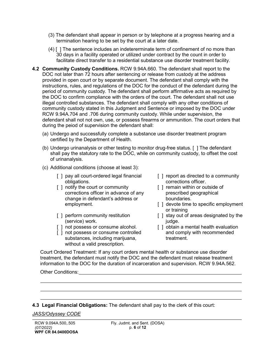 Form WPF CR84.0400DOSA Felony Judgment and Sentence - Drug Offender Sentencing Alternative - Washington, Page 6