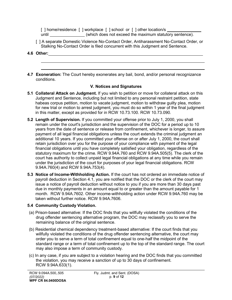 Form WPF CR84.0400DOSA Felony Judgment and Sentence - Drug Offender Sentencing Alternative - Washington, Page 9