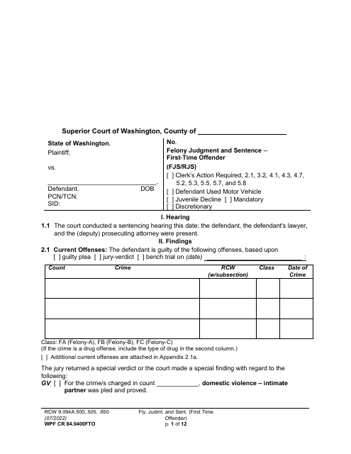 Form WPF CR84.0400 FTO Felony Judgment and Sentence - First-Time Offender - Washington