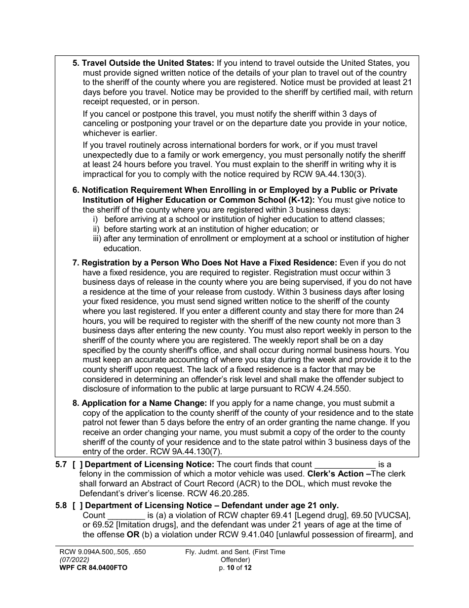 Form WPF CR84.0400 FTO Felony Judgment and Sentence - First-Time Offender - Washington, Page 10