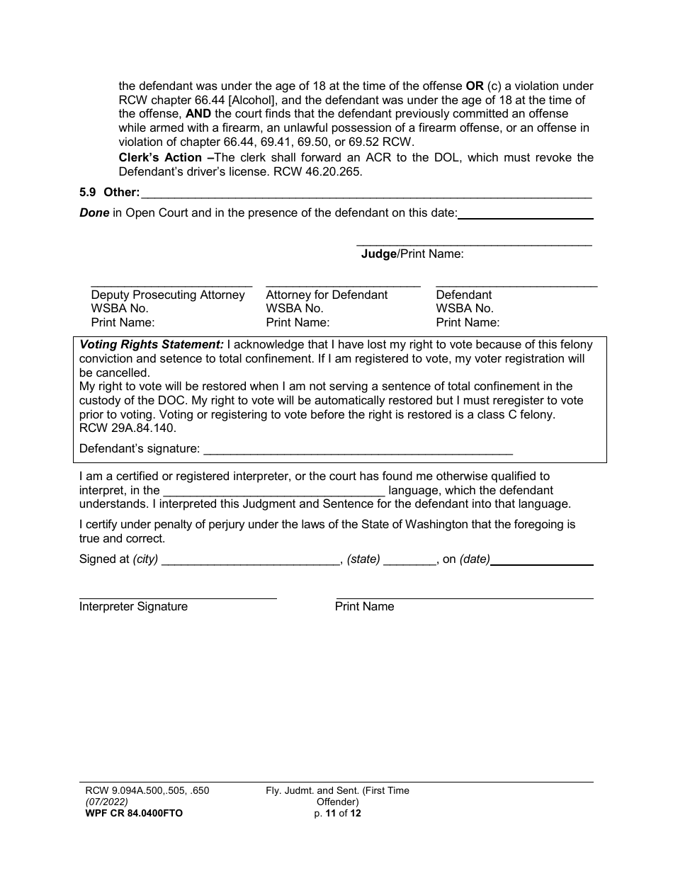 Form WPF CR84.0400 FTO Felony Judgment and Sentence - First-Time Offender - Washington, Page 11