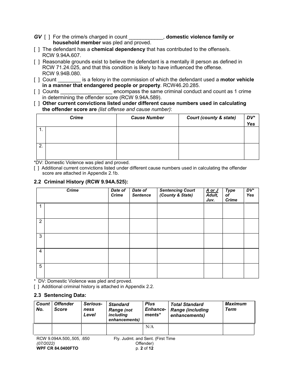 Form WPF CR84.0400 FTO Felony Judgment and Sentence - First-Time Offender - Washington, Page 2