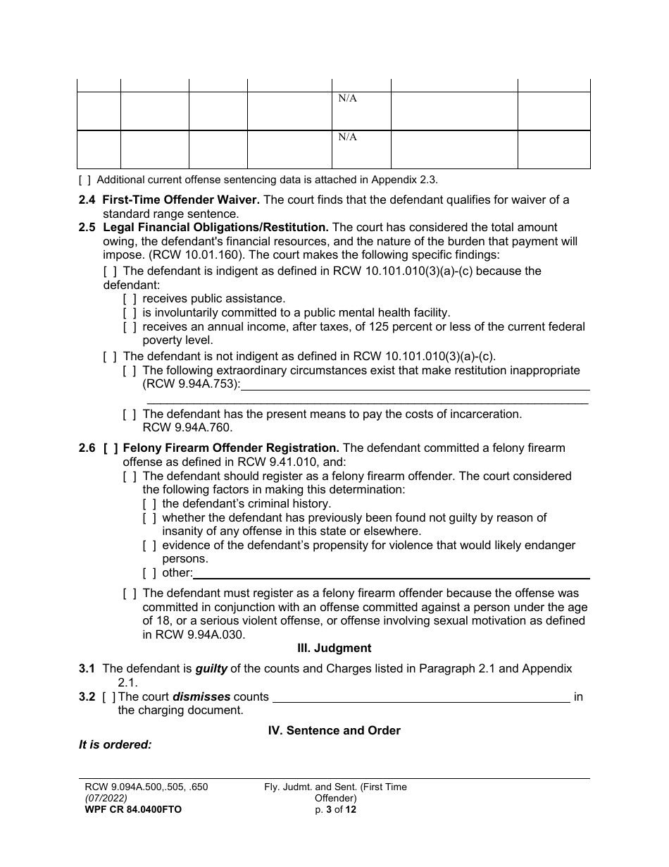 Form WPF CR84.0400 FTO Felony Judgment and Sentence - First-Time Offender - Washington, Page 3