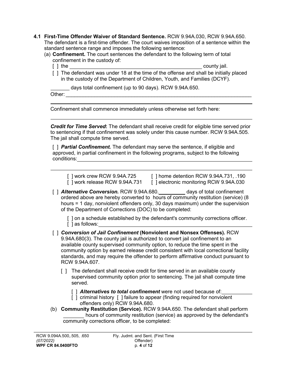 Form WPF CR84.0400 FTO Felony Judgment and Sentence - First-Time Offender - Washington, Page 4