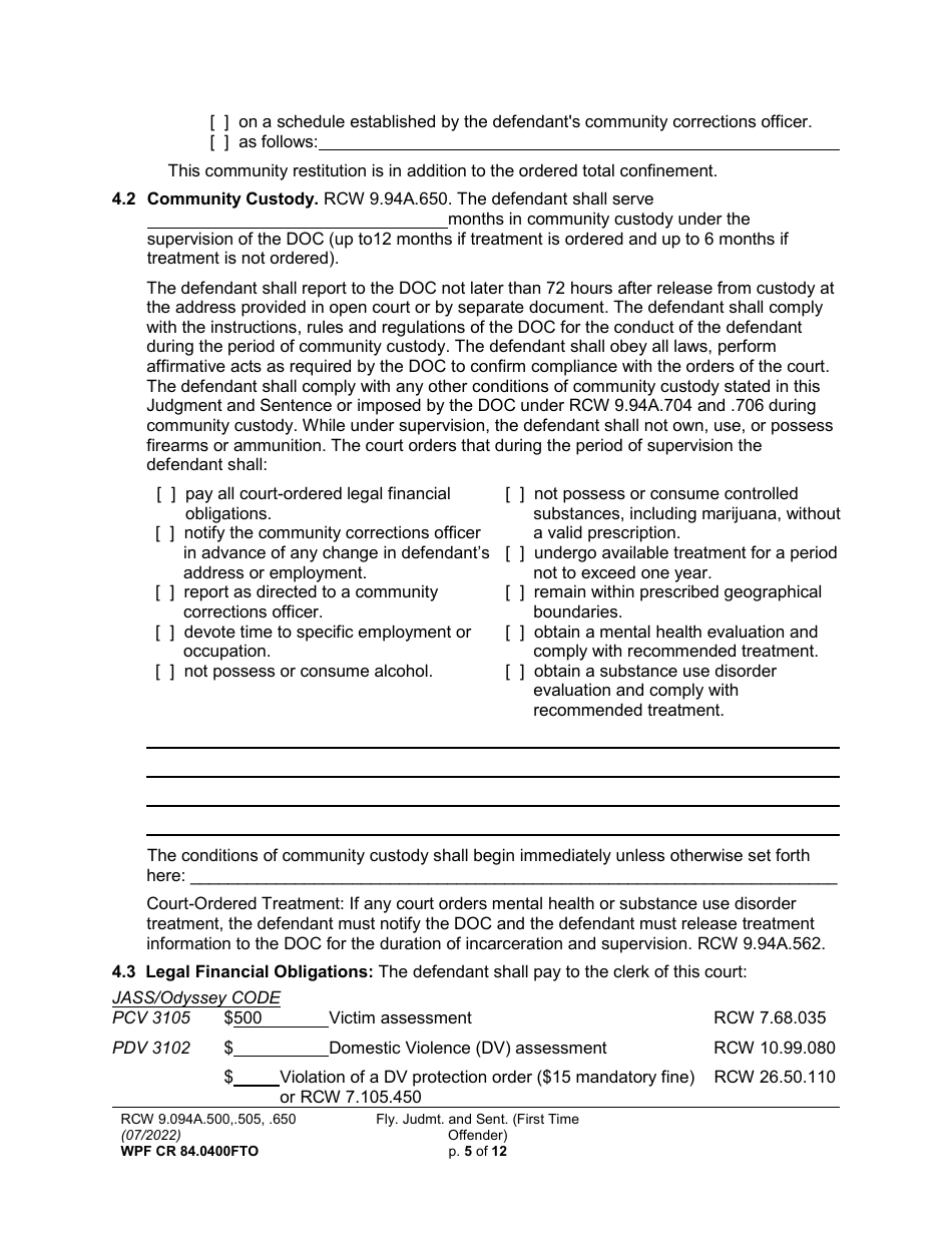 Form WPF CR84.0400 FTO Felony Judgment and Sentence - First-Time Offender - Washington, Page 5