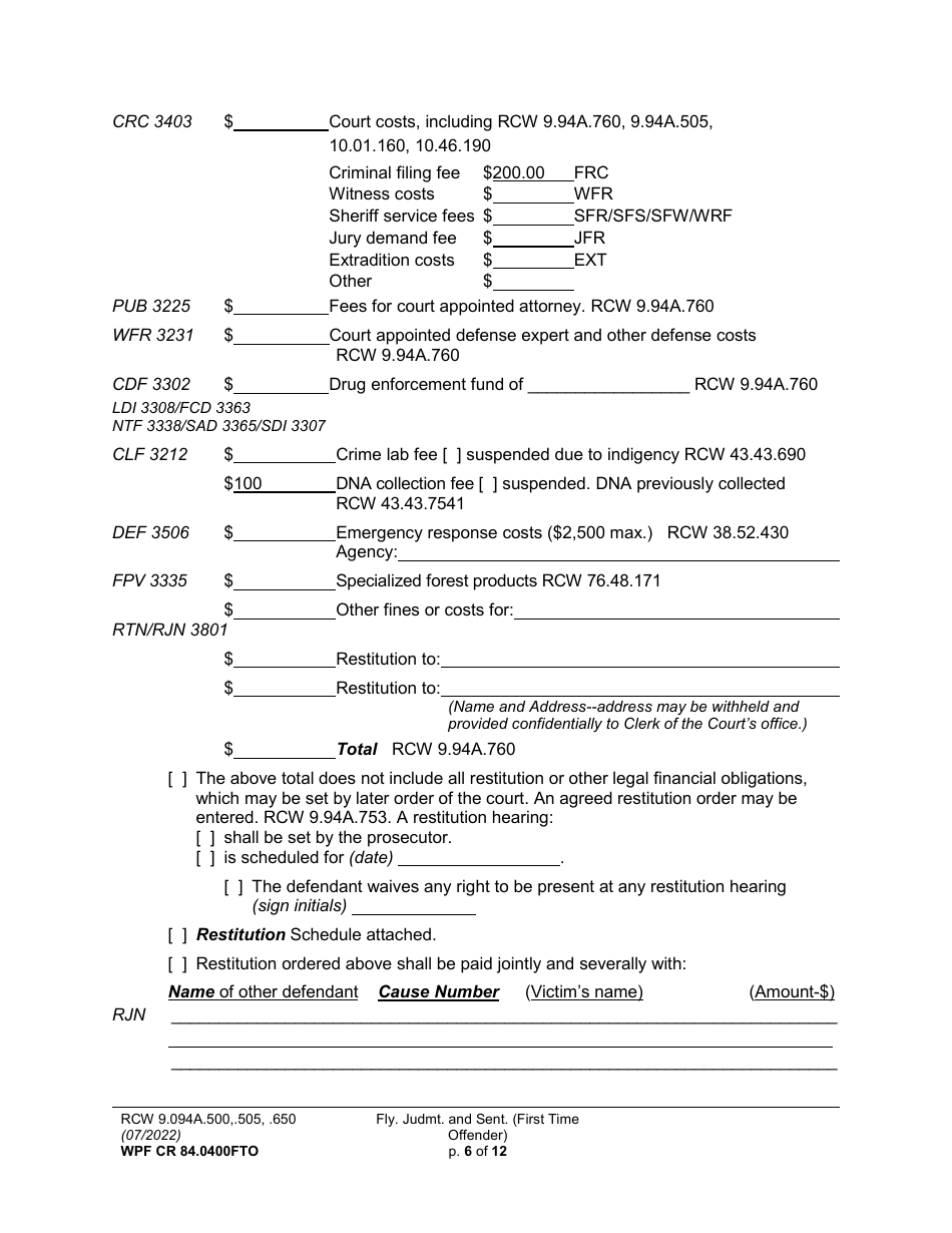 Form WPF CR84.0400 FTO Felony Judgment and Sentence - First-Time Offender - Washington, Page 6