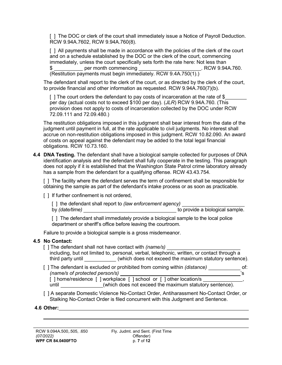 Form WPF CR84.0400 FTO Felony Judgment and Sentence - First-Time Offender - Washington, Page 7