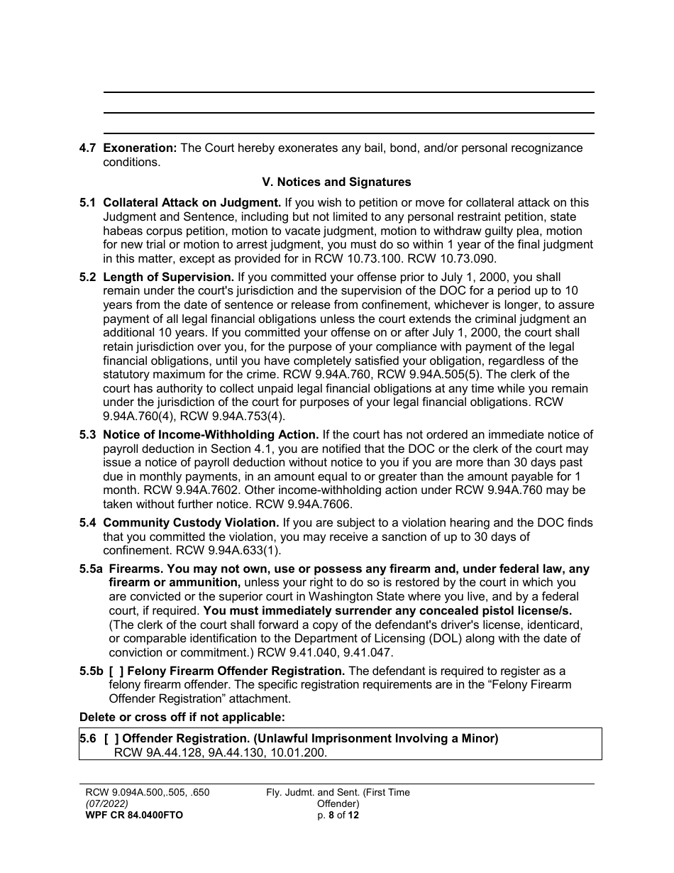 Form WPF CR84.0400 FTO Felony Judgment and Sentence - First-Time Offender - Washington, Page 8