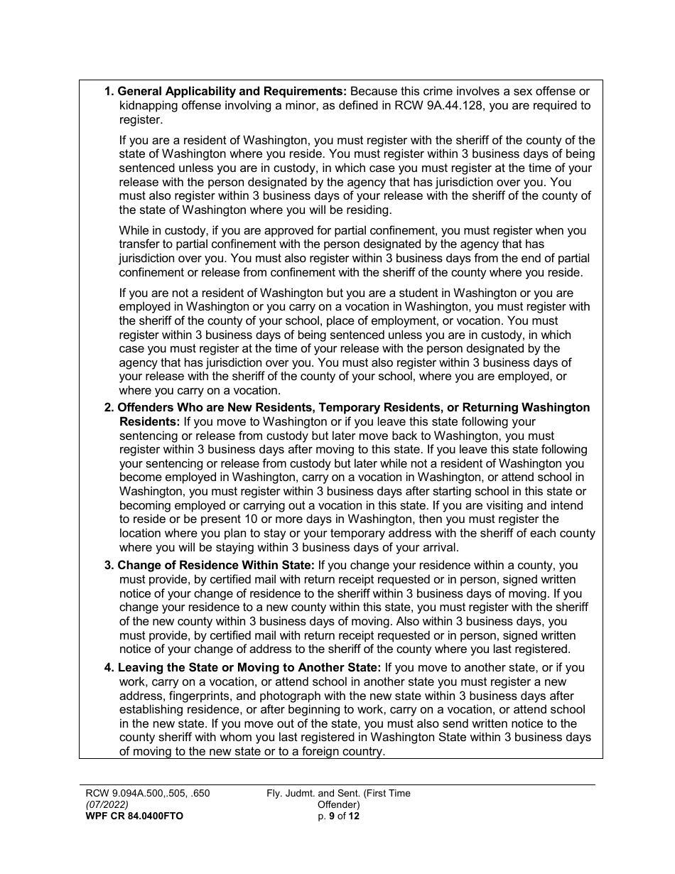 Form WPF CR84.0400 FTO Felony Judgment and Sentence - First-Time Offender - Washington, Page 9