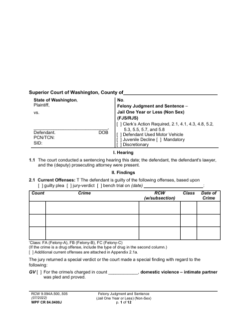 Form WPF CR84.0400 J Felony Judgment and Sentence - Jail One Year or Less (Non Sex) - Washington