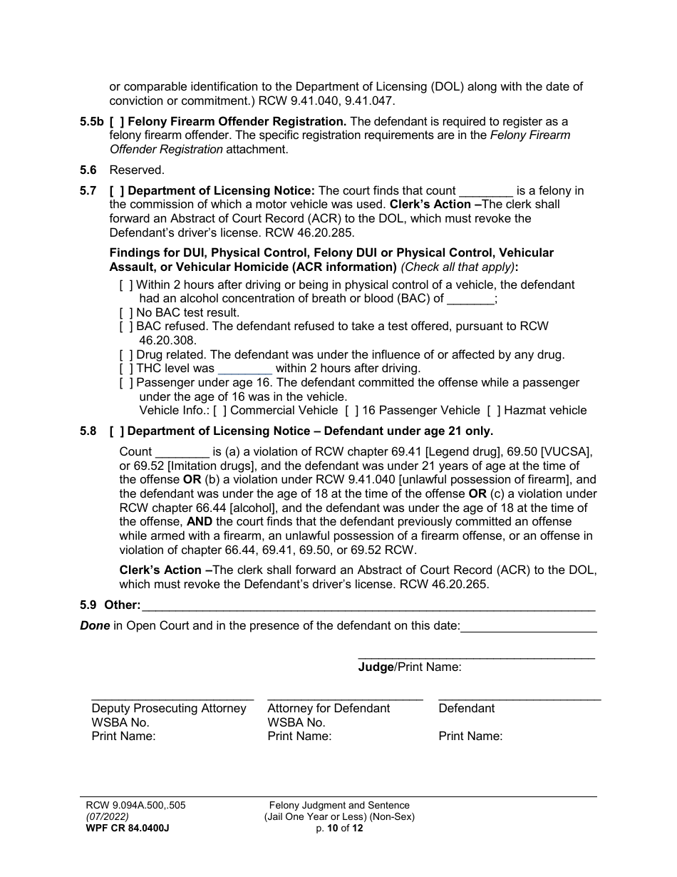 Form WPF CR84.0400 J Felony Judgment and Sentence - Jail One Year or Less (Non Sex) - Washington, Page 10