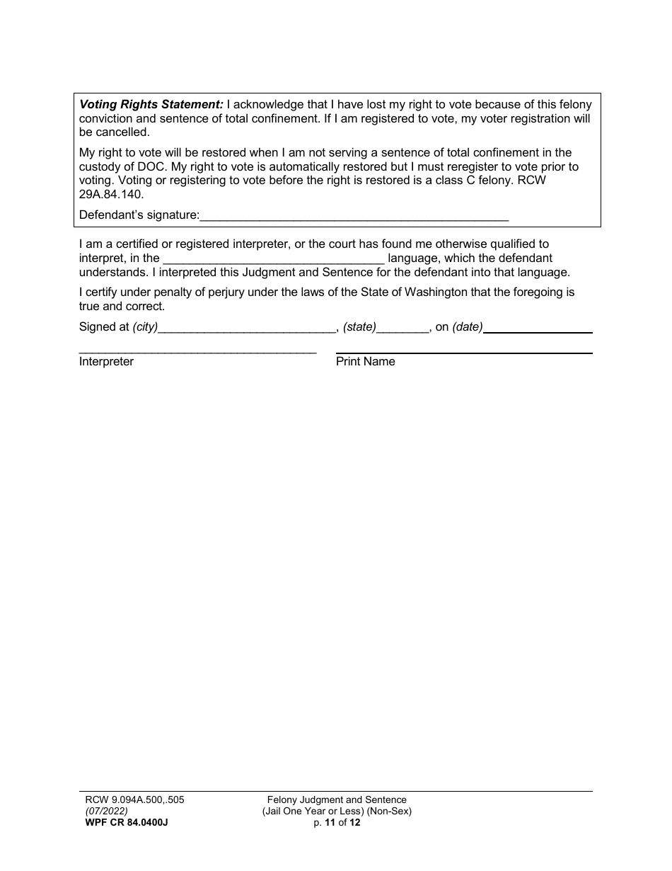 Form WPF CR84.0400 J Felony Judgment and Sentence - Jail One Year or Less (Non Sex) - Washington, Page 11