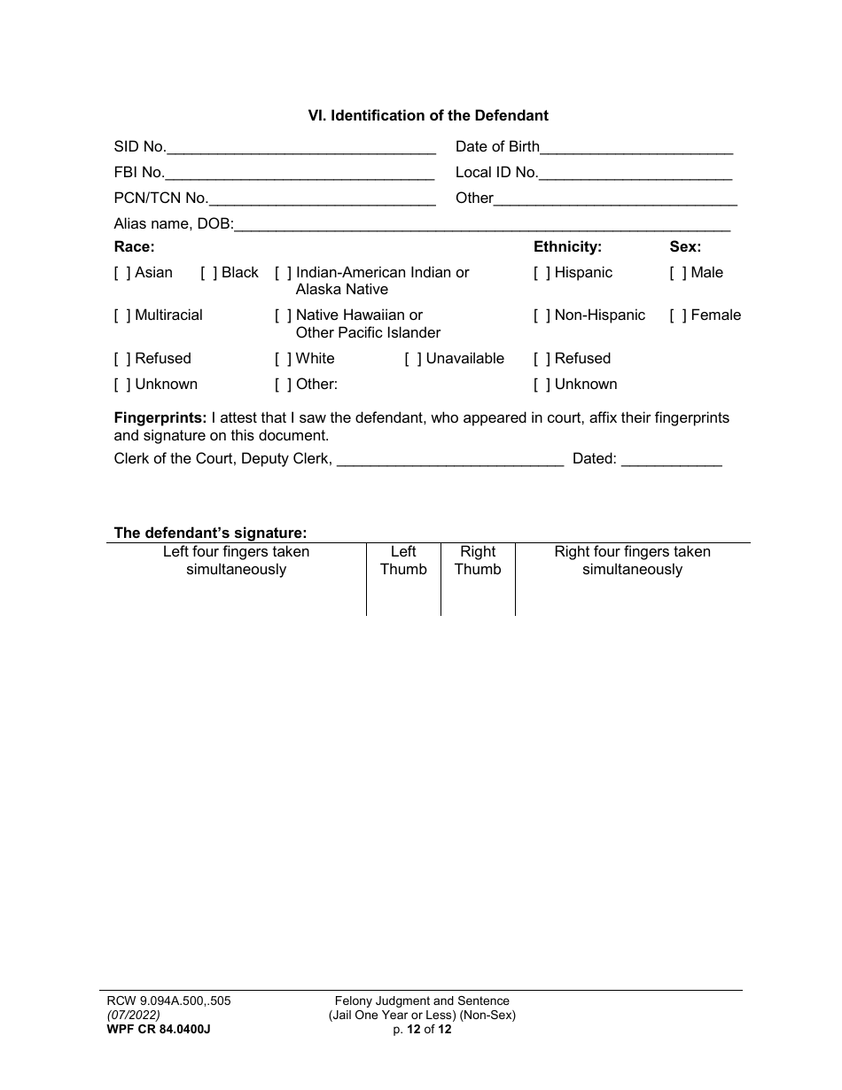 Form WPF CR84.0400 J Felony Judgment and Sentence - Jail One Year or Less (Non Sex) - Washington, Page 12