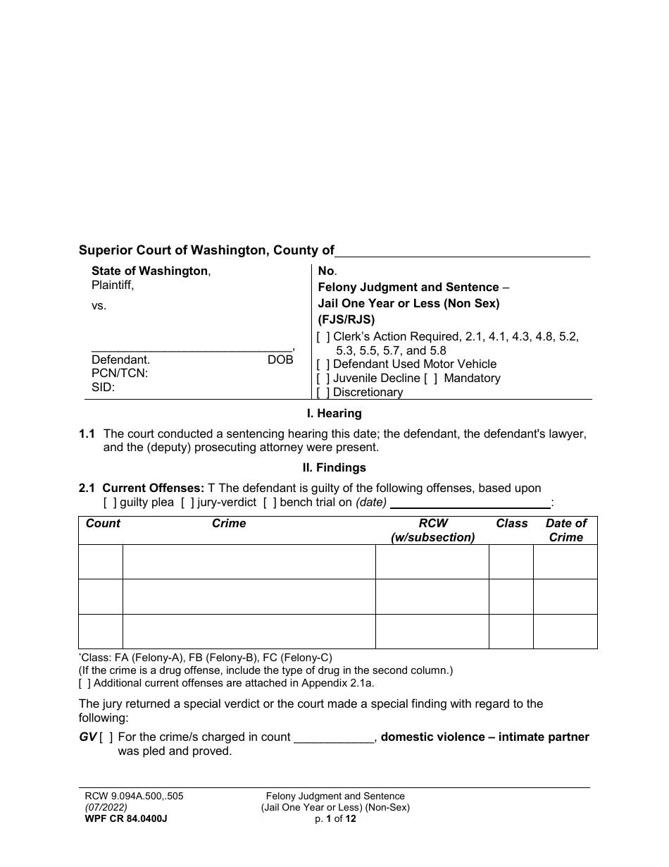 Form WPF CR84.0400 J Felony Judgment and Sentence - Jail One Year or Less (Non Sex) - Washington, Page 1