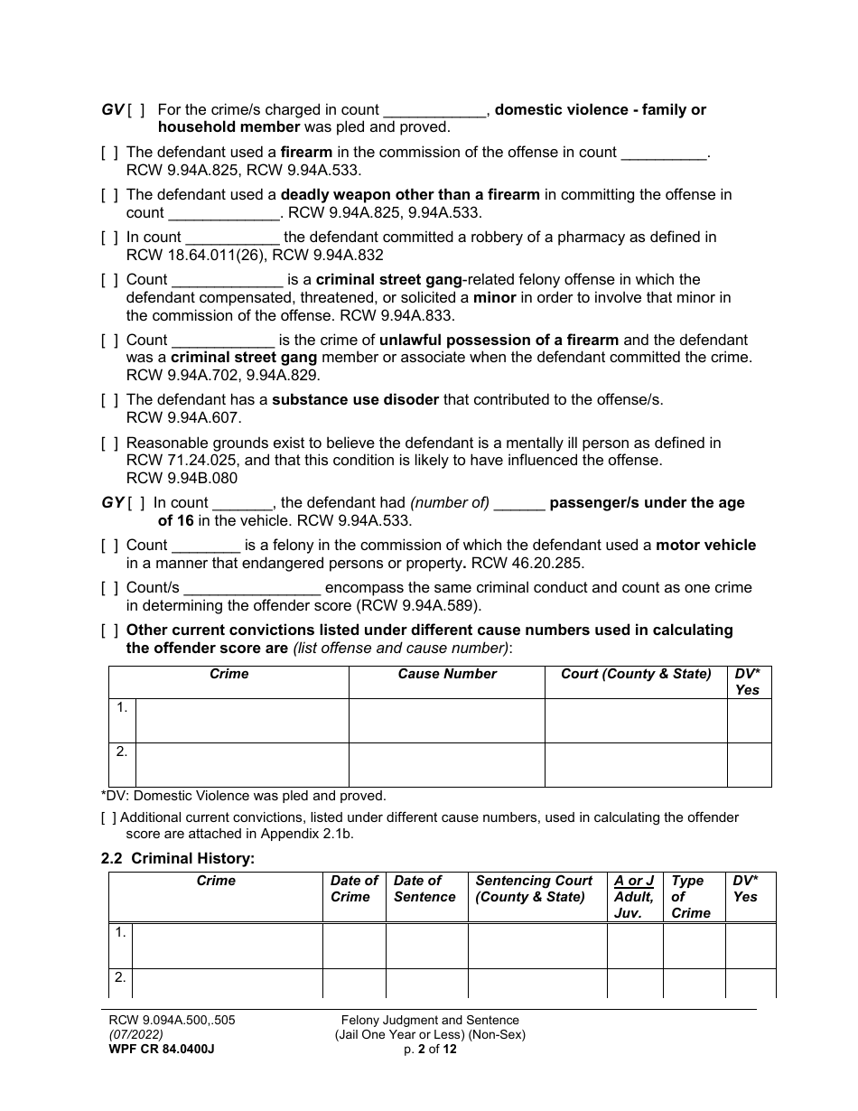 Form WPF CR84.0400 J Felony Judgment and Sentence - Jail One Year or Less (Non Sex) - Washington, Page 2