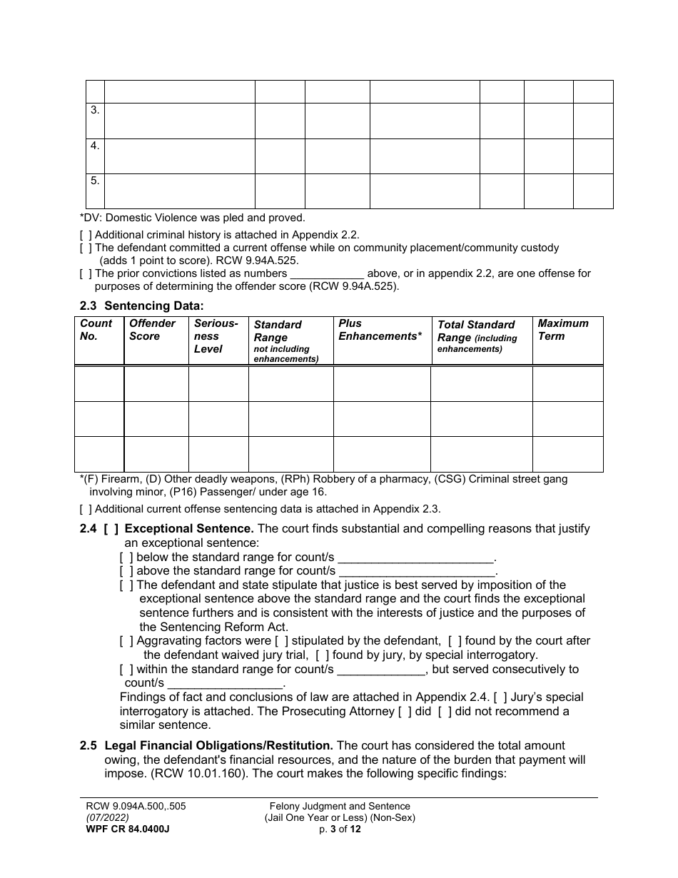 Form WPF CR84.0400 J Felony Judgment and Sentence - Jail One Year or Less (Non Sex) - Washington, Page 3