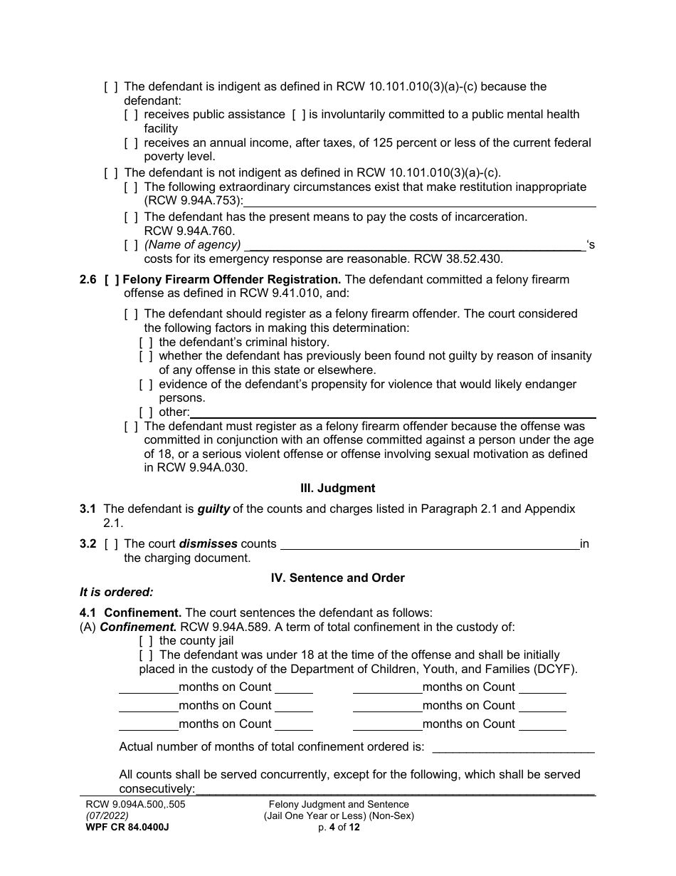 Form WPF CR84.0400 J Felony Judgment and Sentence - Jail One Year or Less (Non Sex) - Washington, Page 4