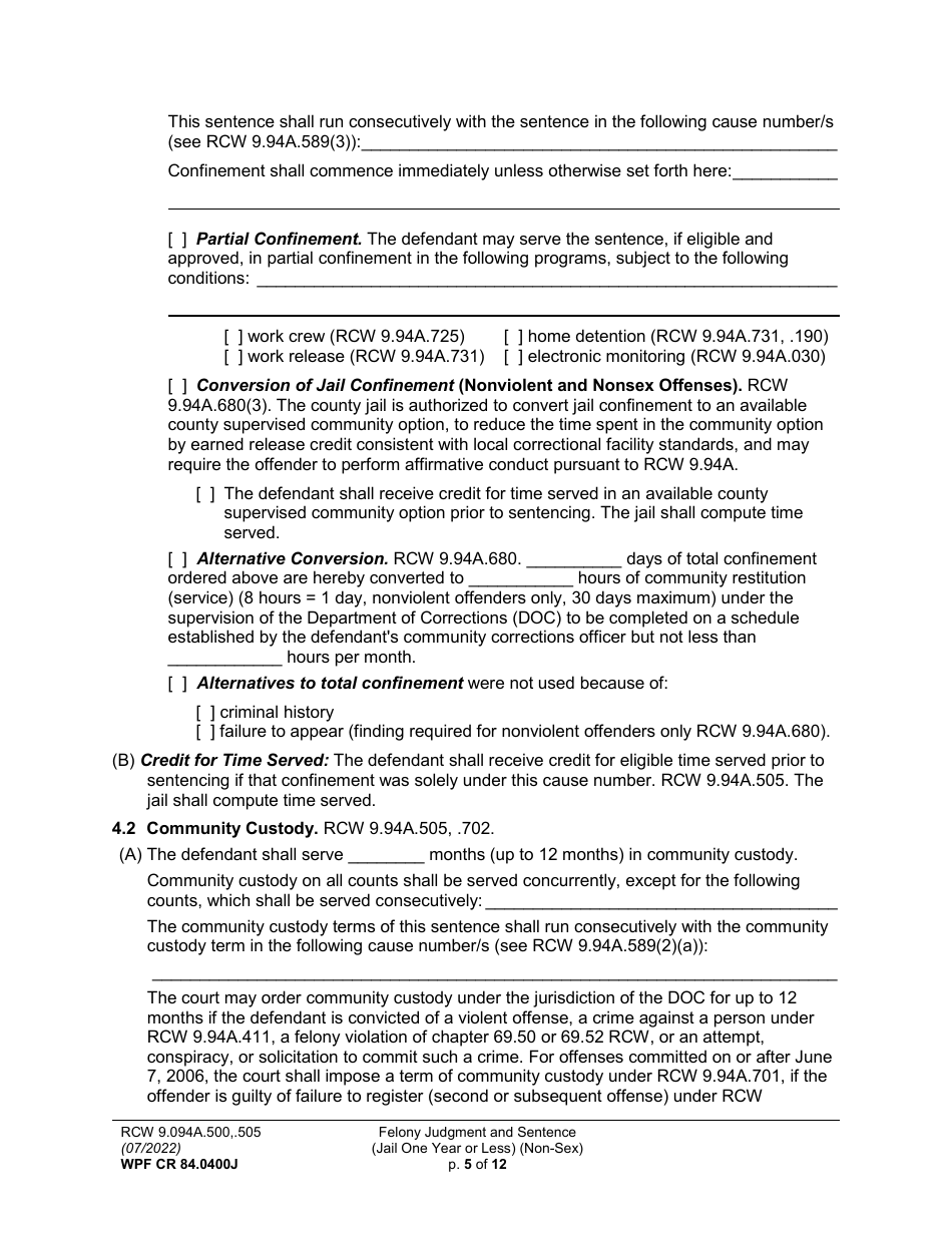 Form WPF CR84.0400 J Felony Judgment and Sentence - Jail One Year or Less (Non Sex) - Washington, Page 5