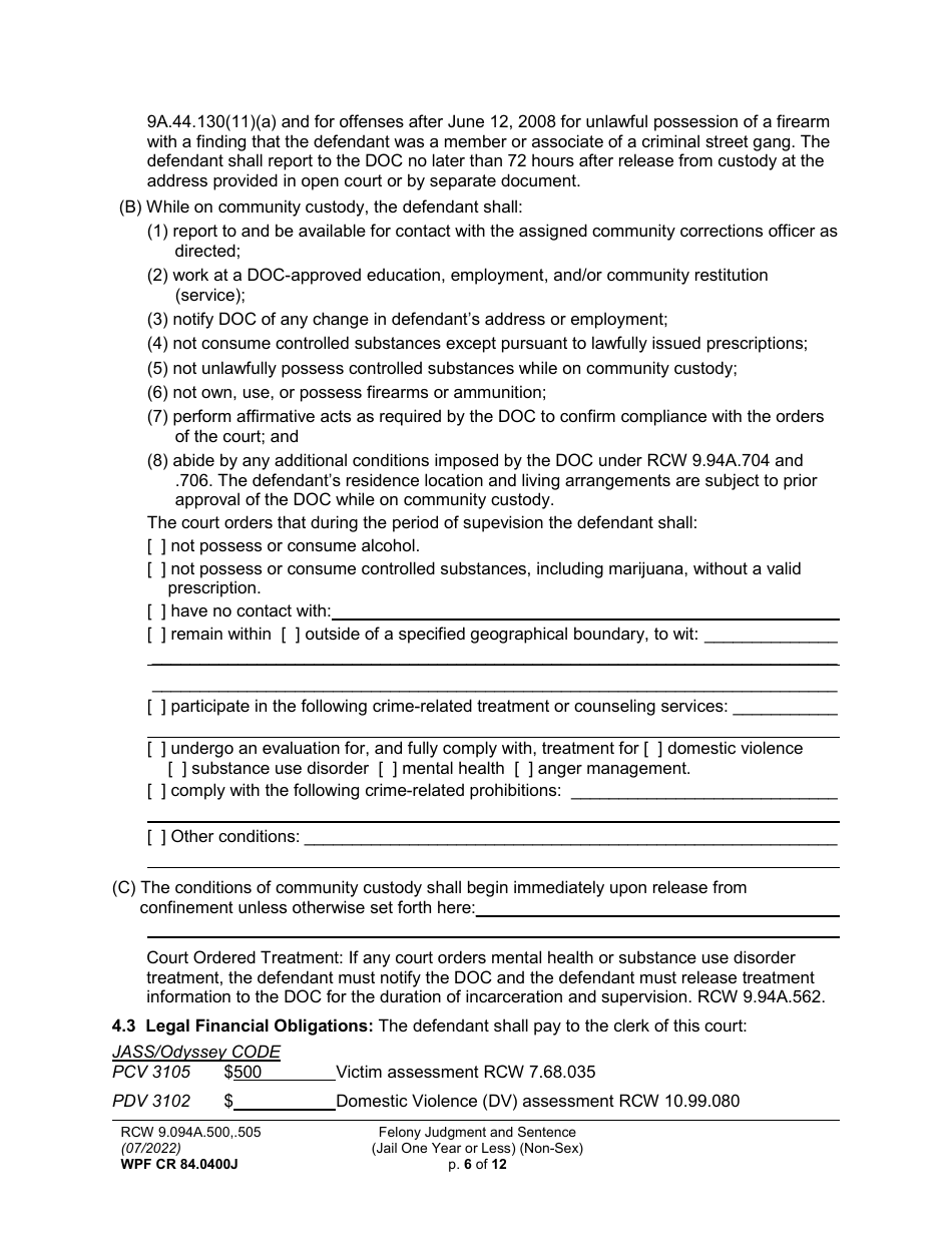 Form WPF CR84.0400 J Felony Judgment and Sentence - Jail One Year or Less (Non Sex) - Washington, Page 6