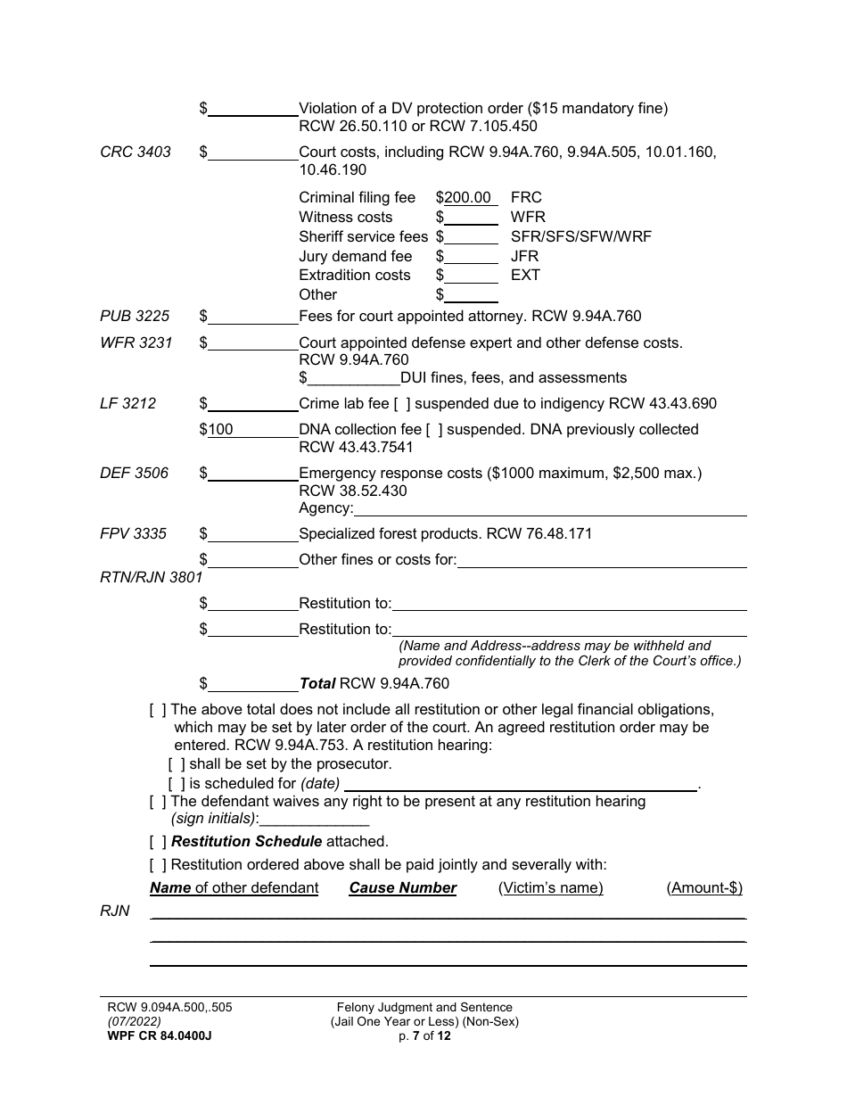 Form WPF CR84.0400 J Felony Judgment and Sentence - Jail One Year or Less (Non Sex) - Washington, Page 7