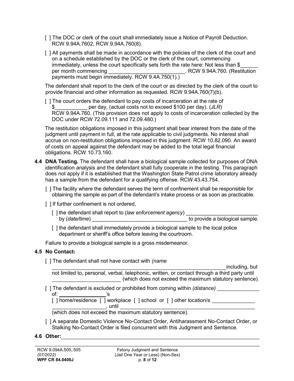Form WPF CR84.0400 J Felony Judgment and Sentence - Jail One Year or Less (Non Sex) - Washington, Page 8