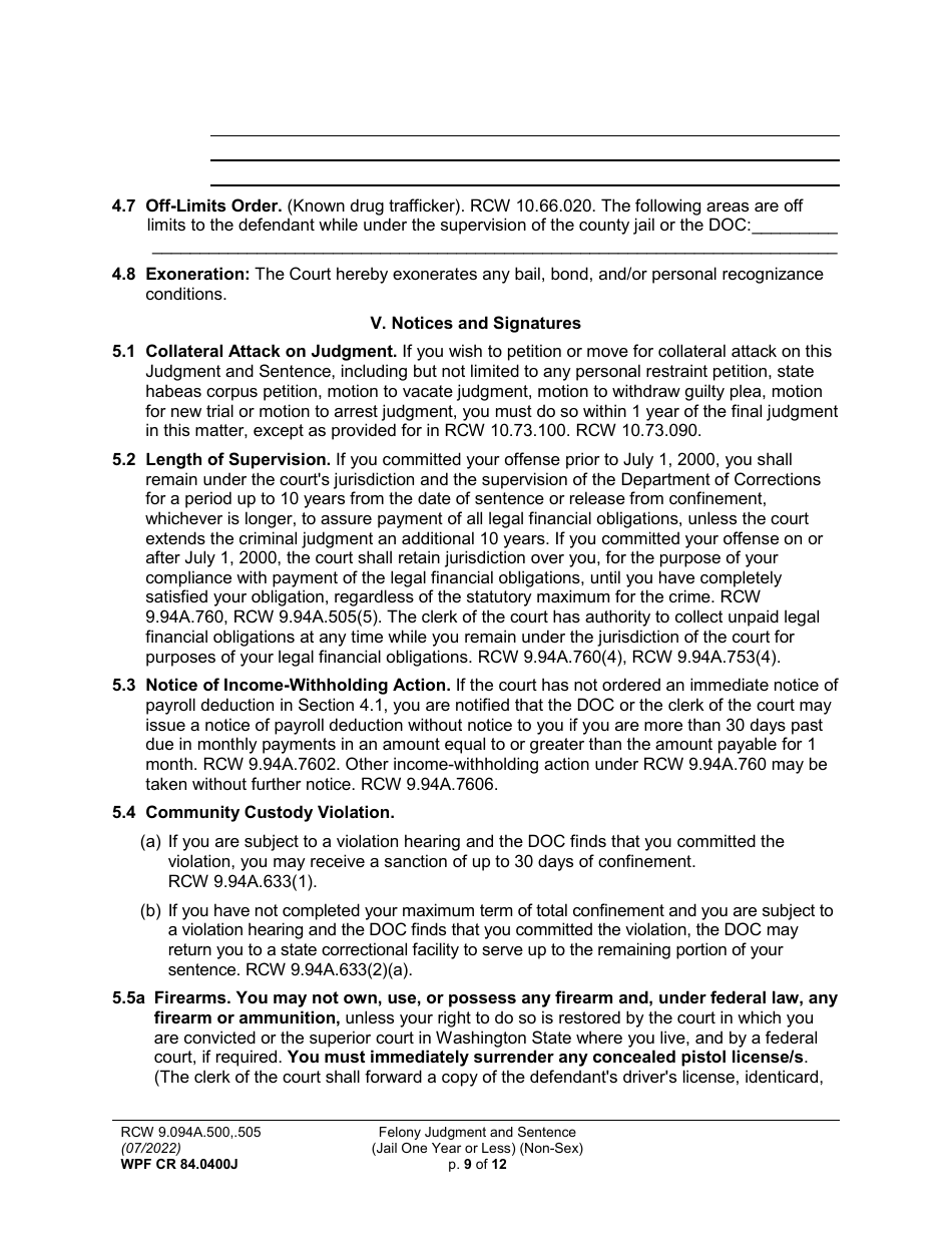 Form WPF CR84.0400 J Felony Judgment and Sentence - Jail One Year or Less (Non Sex) - Washington, Page 9