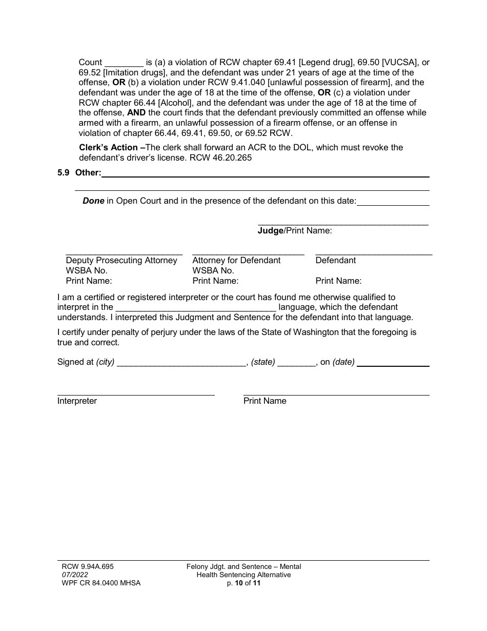 Form WPF CR84.0400 MHSA Felony Judgment and Sentence - Mental Health Sentencing Alternative - Washington, Page 10