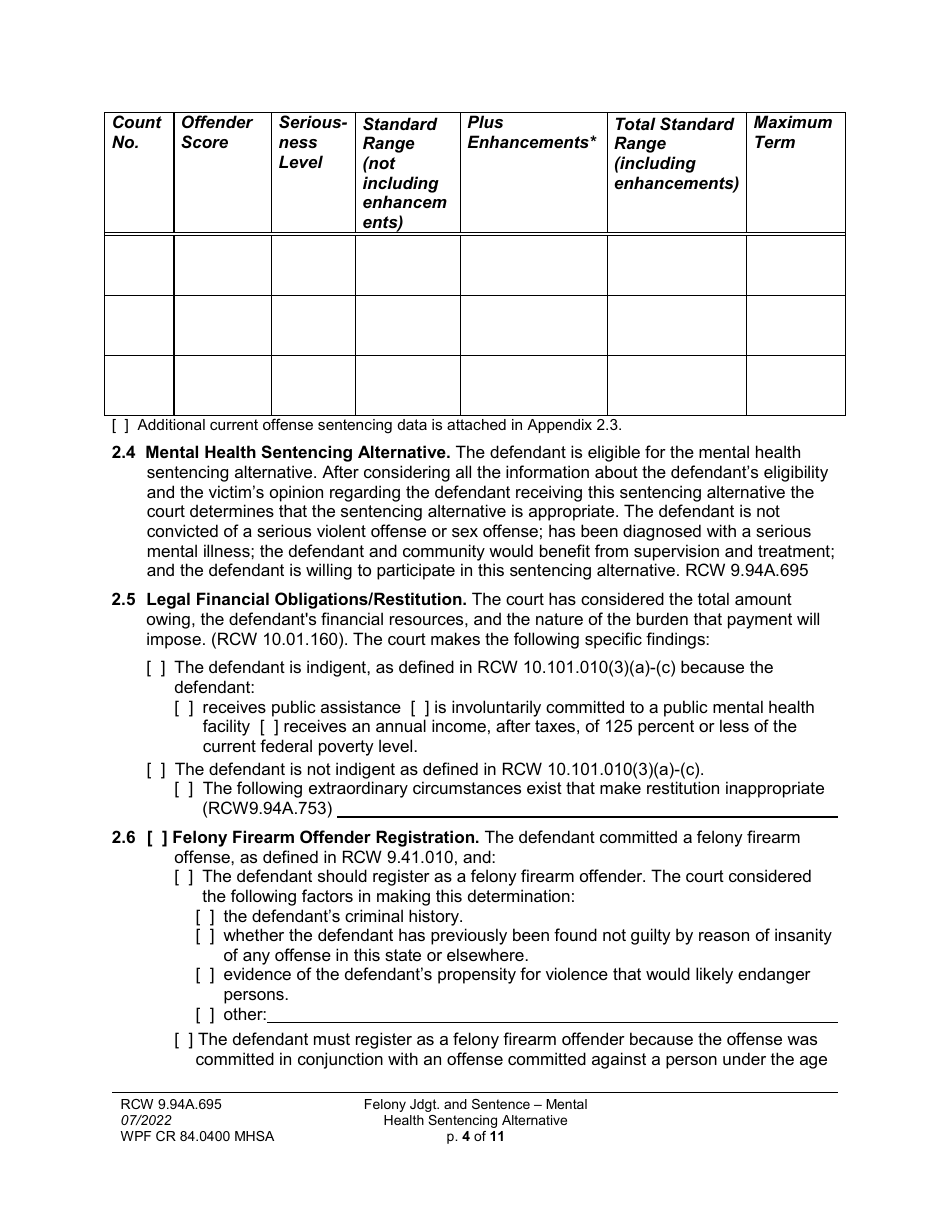 Form WPF CR84.0400 MHSA Felony Judgment and Sentence - Mental Health Sentencing Alternative - Washington, Page 4