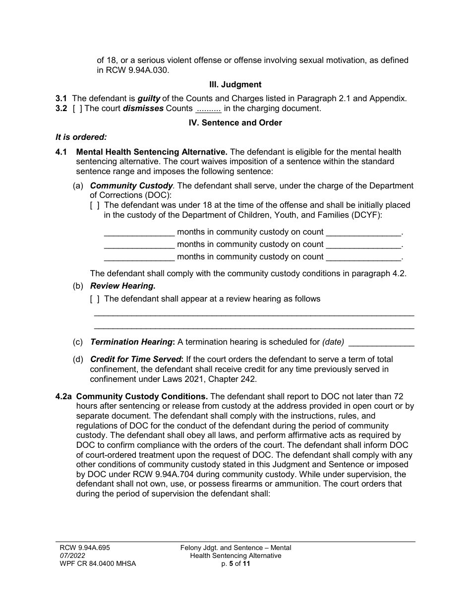 Form WPF CR84.0400 MHSA Felony Judgment and Sentence - Mental Health Sentencing Alternative - Washington, Page 5